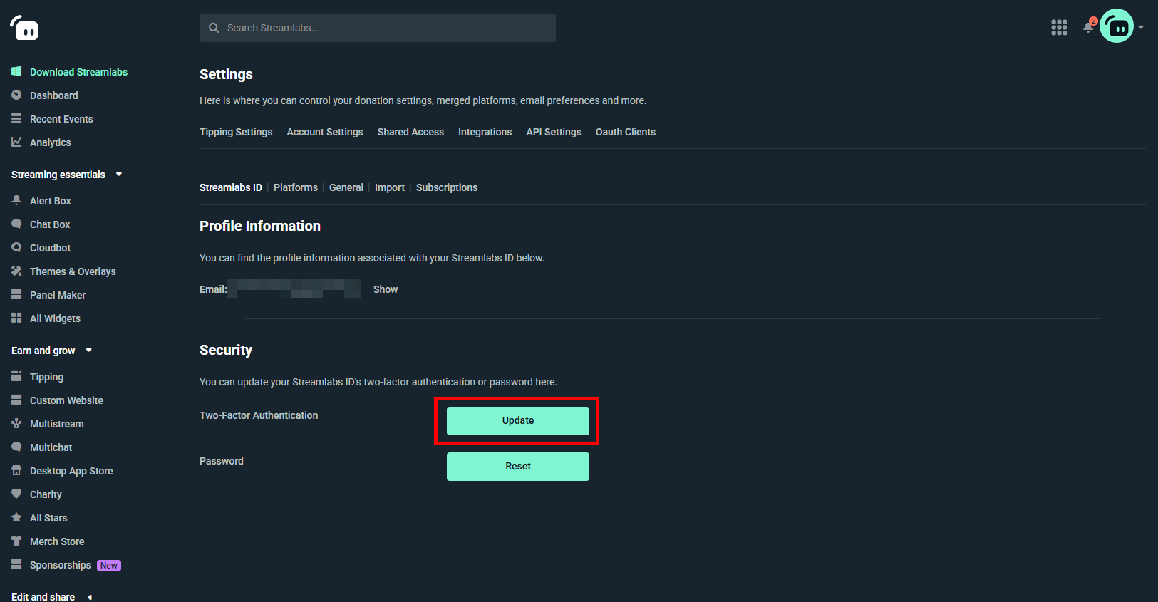 Streamlabs ID 2FA dashboard settings